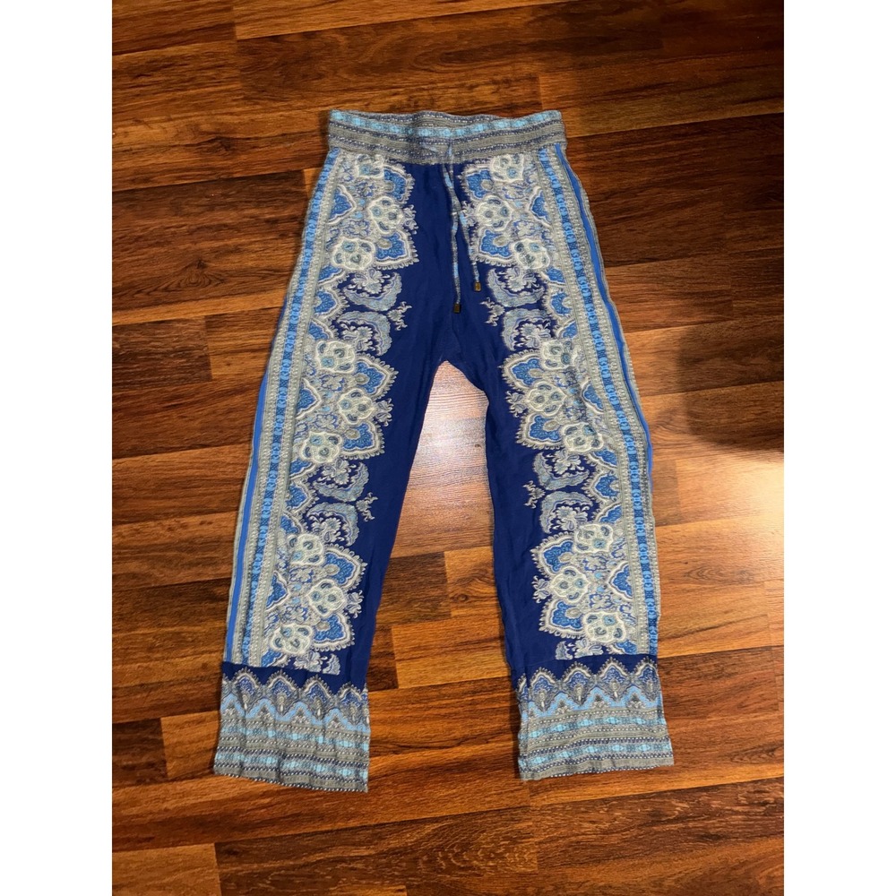 Blue Paisley Print Wide Leg Bohemian Drawstring Pants Women Medium